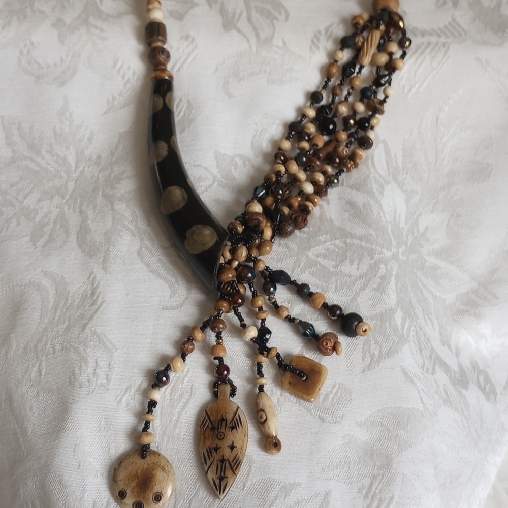 Vintage Large Carved Horn Black Wood Metallic Clay Bead African 20in Necklace